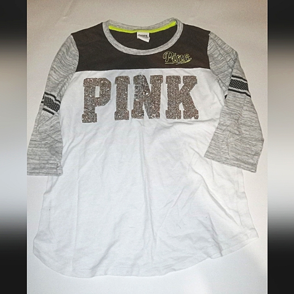 PINK Victoria's Secret Bling Sequin 3/4 Sleeve Top Tee Shirt T-Shirt Size Small